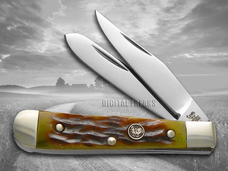 HEN & ROOSTER AND Jigged Antique Green Bone Tiny Trapper Pocket Knife