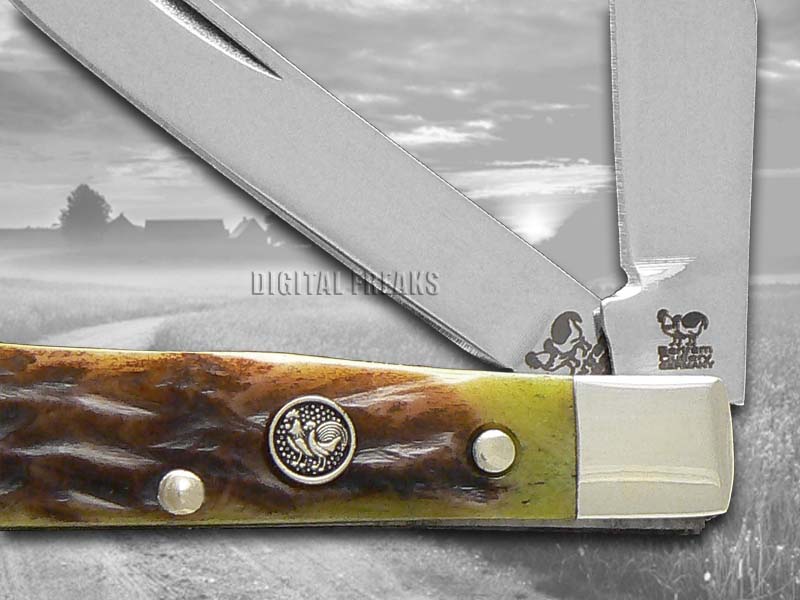 HEN & ROOSTER AND Jigged Antique Green Bone Tiny Trapper Pocket Knife