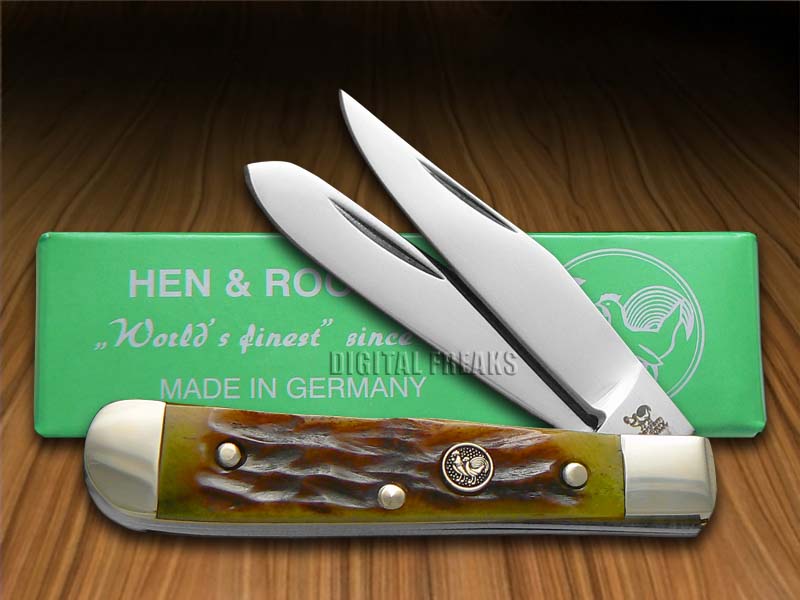HEN & ROOSTER AND Jigged Antique Green Bone Tiny Trapper Pocket Knife