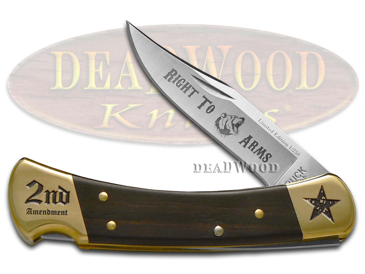Buck 110 Right to Bear Arms Ebony Wood Folding Hunter 1/250 Stainless Pocket Knife