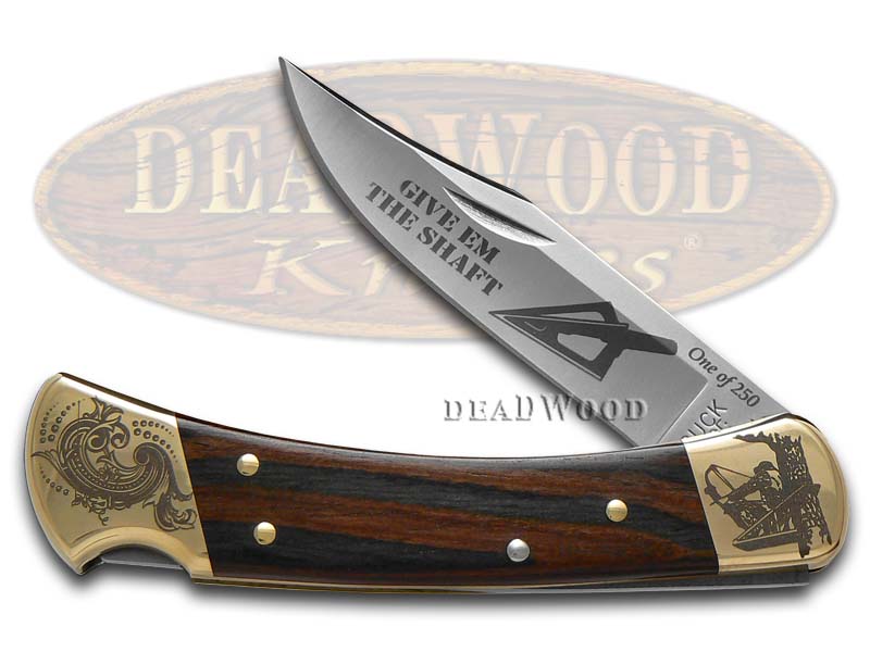 Buck 110 Give'em the Shaft Ebony Wood Folding Hunter 1/250 Stainless Custom Knife
