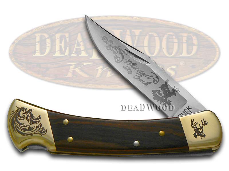Buck 110 Wooden Whitetail Buck Scrolled Bolster Stainless Folding Hunter Custom Knives