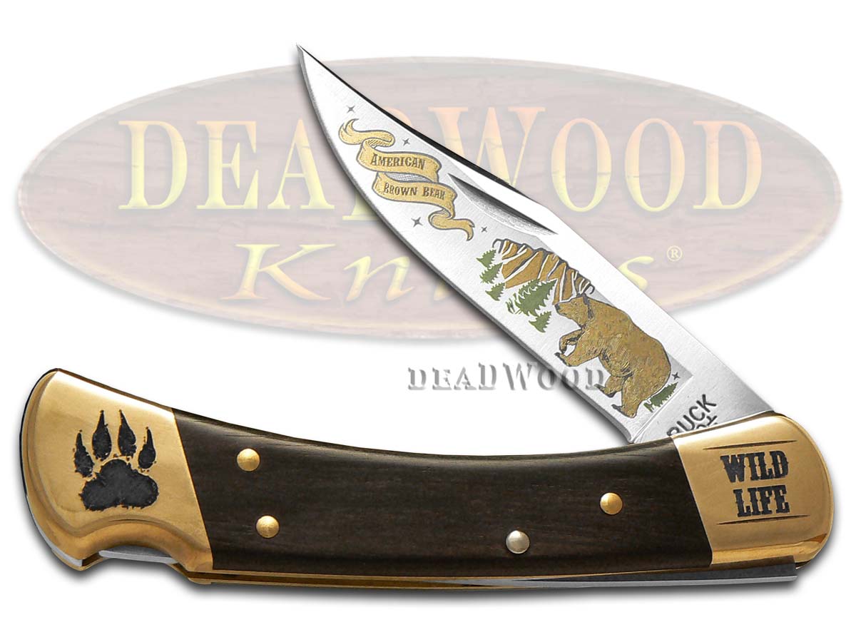 Buck 110 Wild Life Series Bear Ebony Wood Folding Hunter Knife 420HC Stainless Pocket Knife