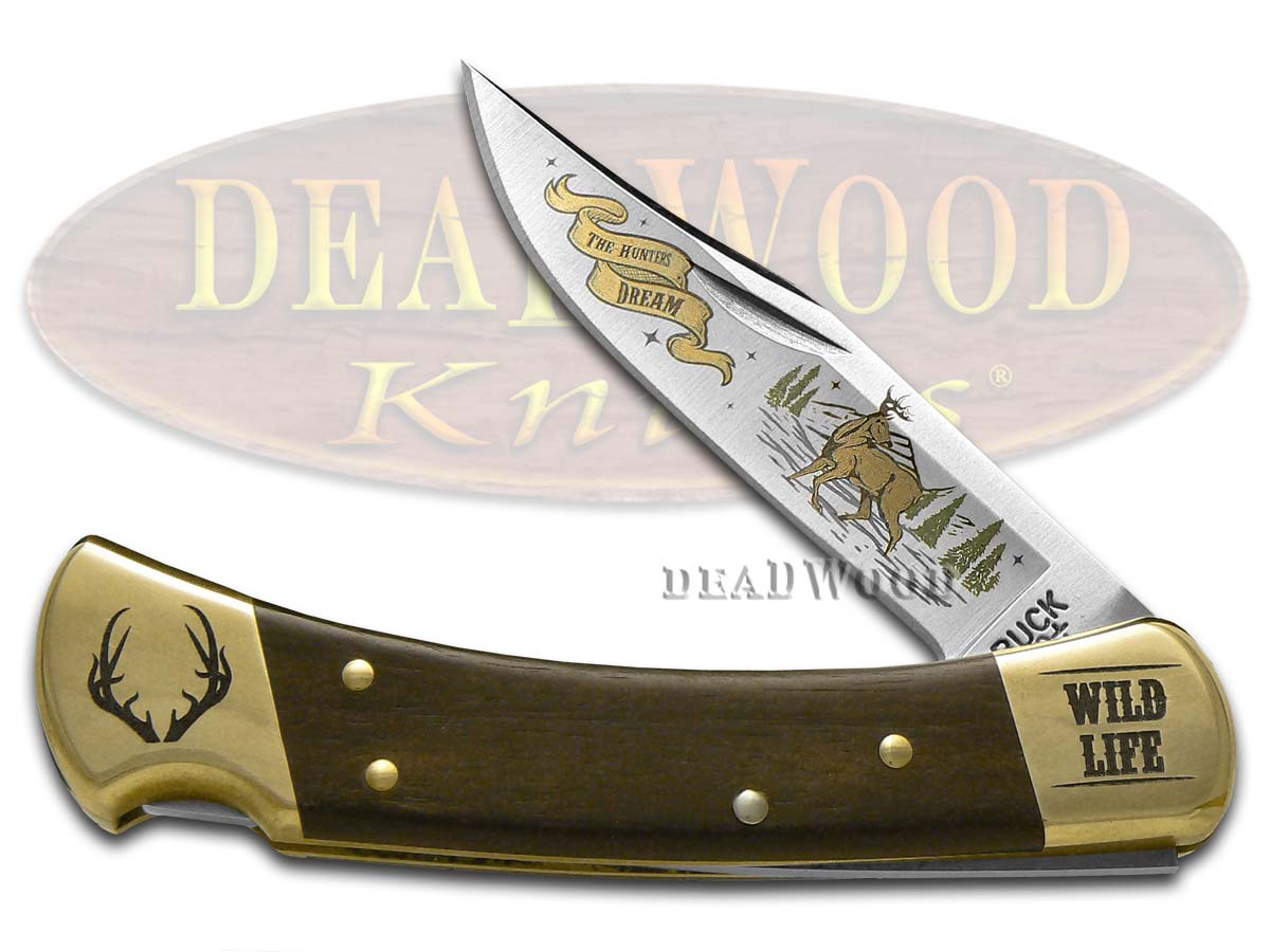 Buck 110 Wild Life Series Deer Ebony Wood Folding Hunter 420HC Stainless Pocket Knife Knives