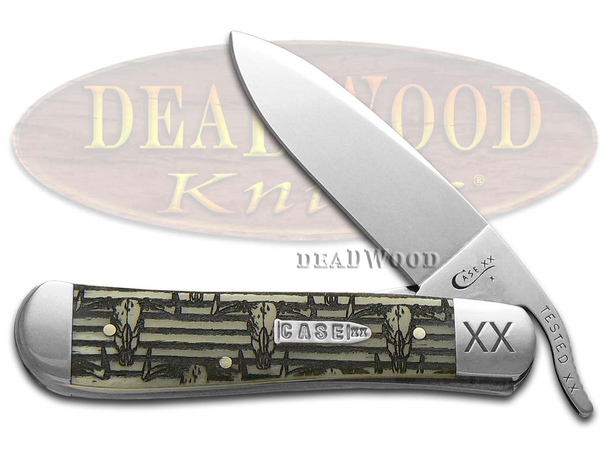 Case XX Western Bull Skull Etched Natural Bone Russlock 1/500 Stainless Pocket Knife