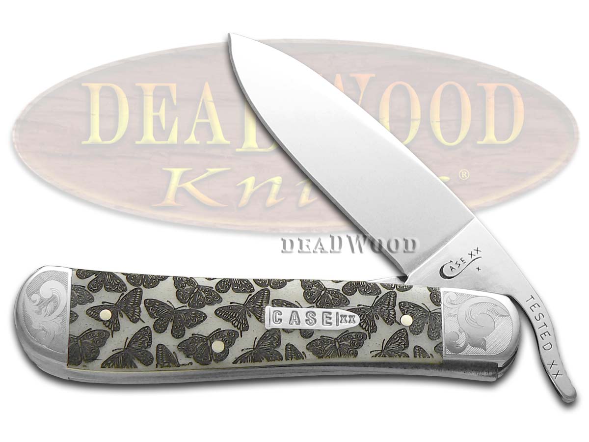 Case XX Natural Bone Butterflies Russlock Scrolled 1/200 Stainless Pocket Knife
