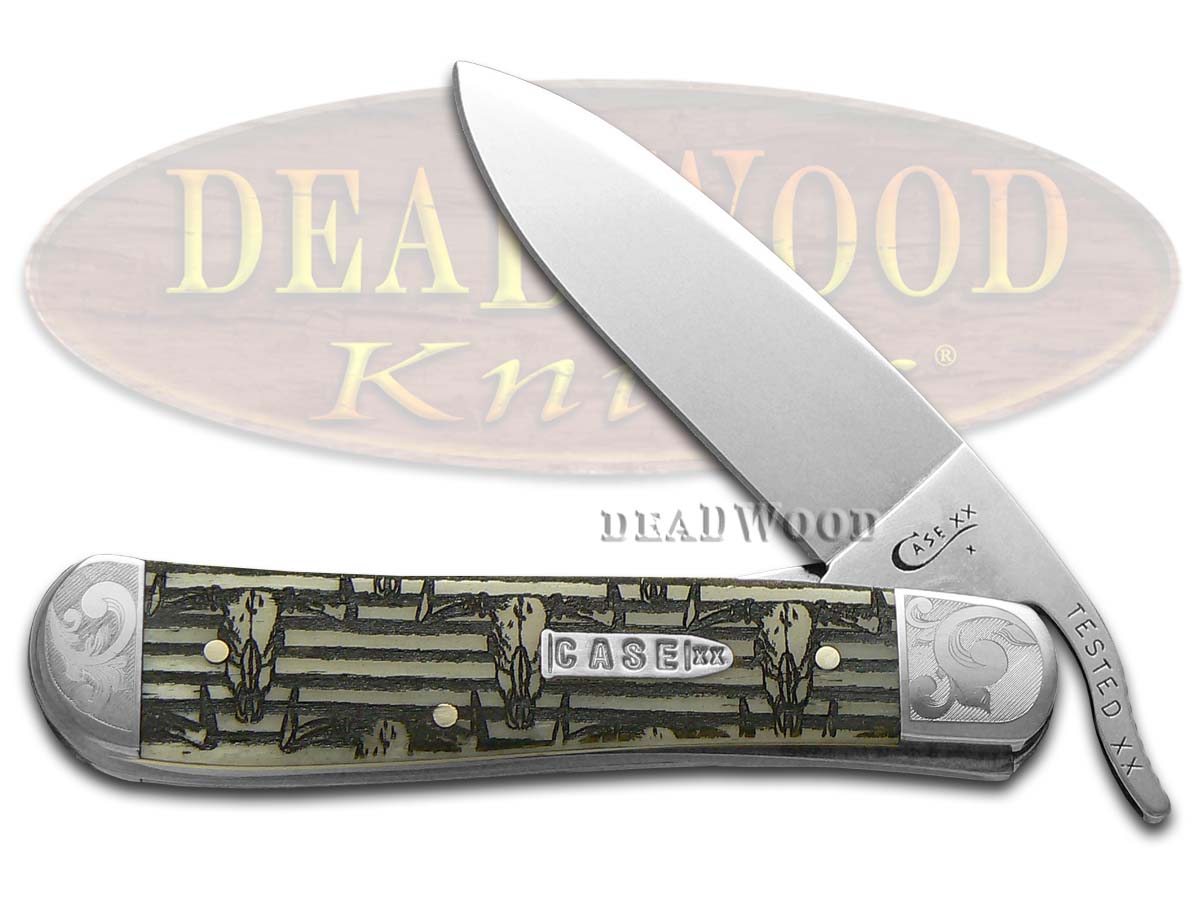 Case XX Western Bull Skull Etched Natural Bone Scrolled Russlock 1/200 Stainless Pocket Knife