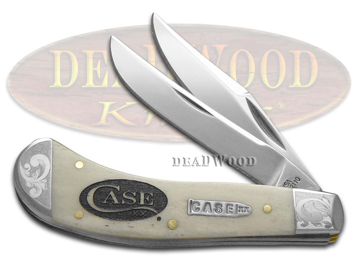 Case XX Logo Etched Natural Bone Scrolled Saddlehorn 1/200 Stainless Pocket Knife