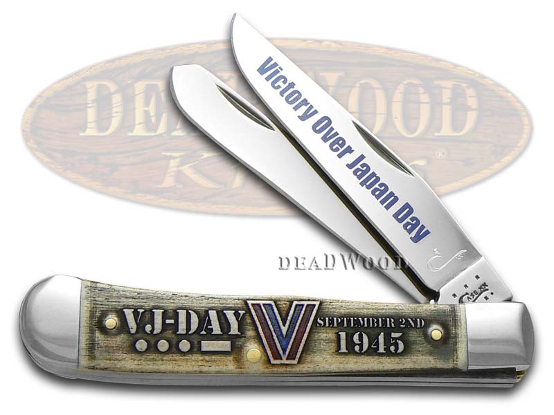 Case xx VJ-DAY Embossed Natural Bone Trapper Stainless Pocket Knife Knives