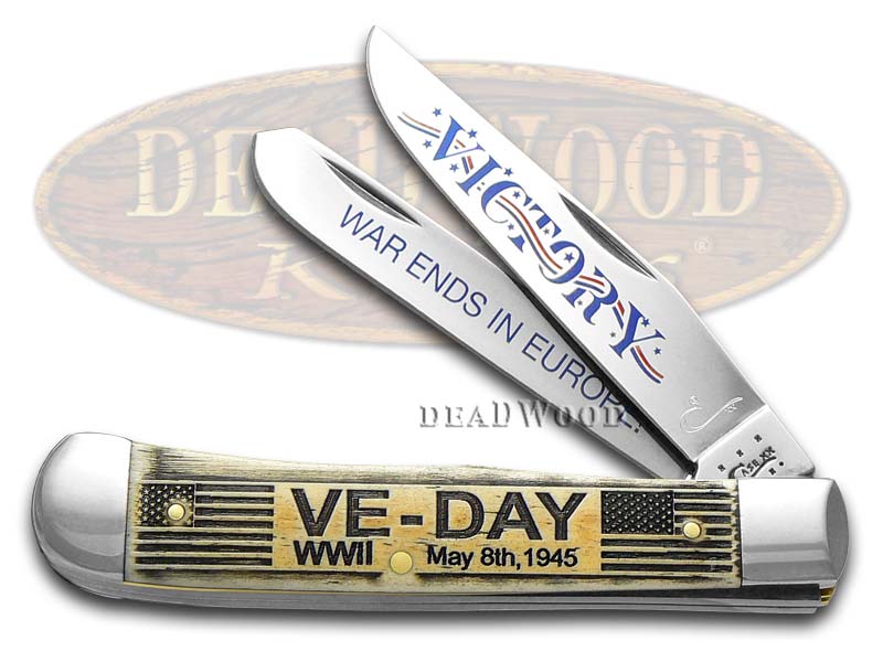 Case xx VE-DAY Embossed Natural Bone Trapper Stainless Pocket Knife Knives