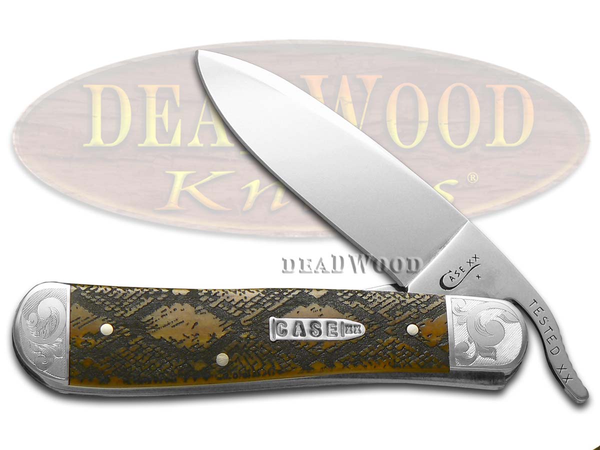 Case XX Diamondback Rattlesnake Antique Bone Scrolled Russlock 1/200 Stainless Pocket Knife