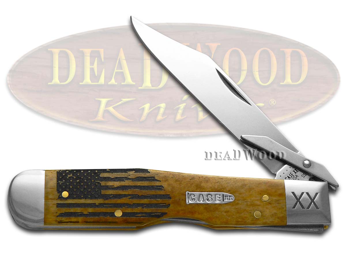 Case XX USA Flag Antique Bone Cheetah 1/500 Stainless Pocket Knife