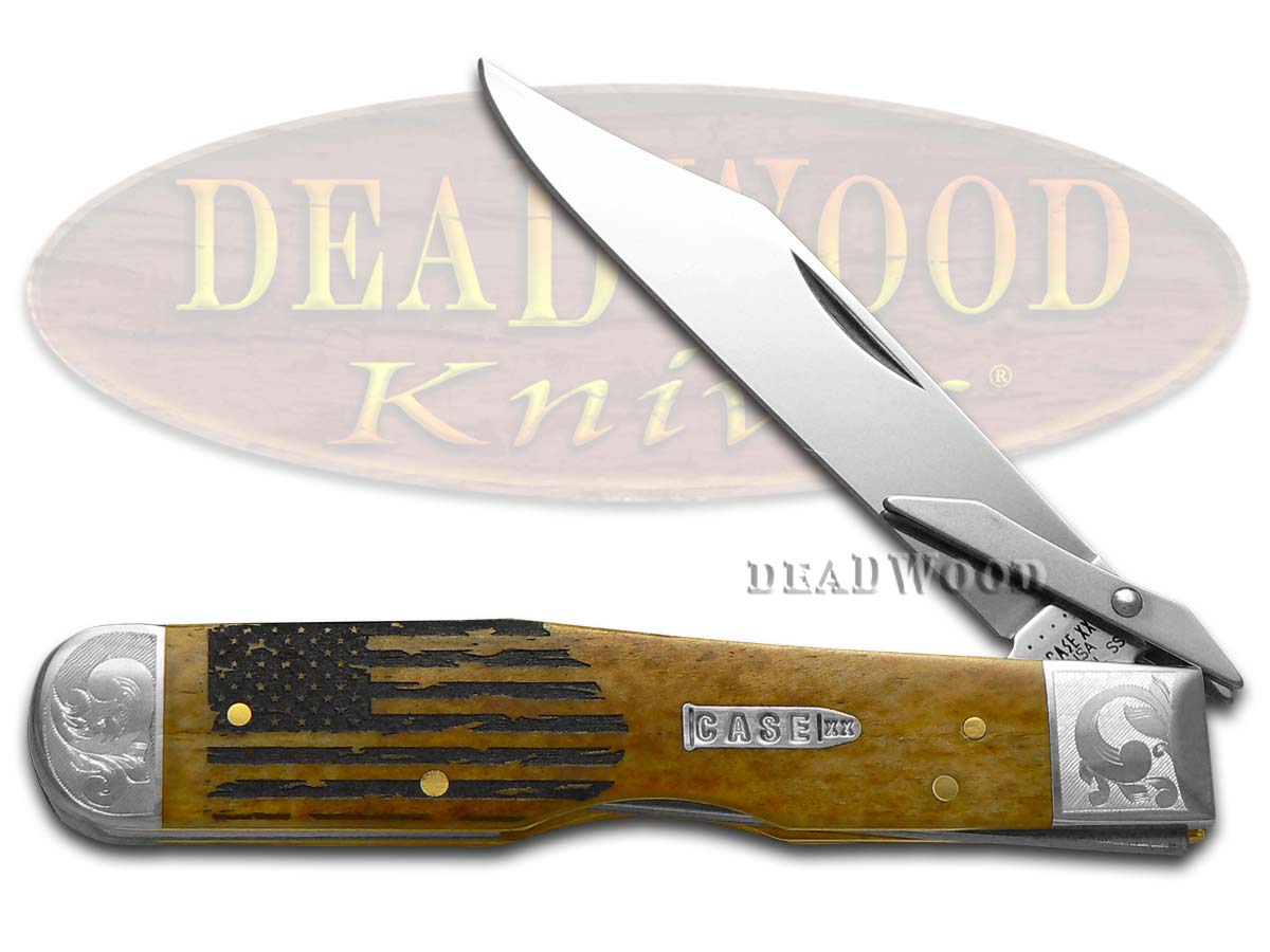 Case XX USA Flag Antique Bone Cheetah Scrolled 1/200 Stainless Pocket Knife