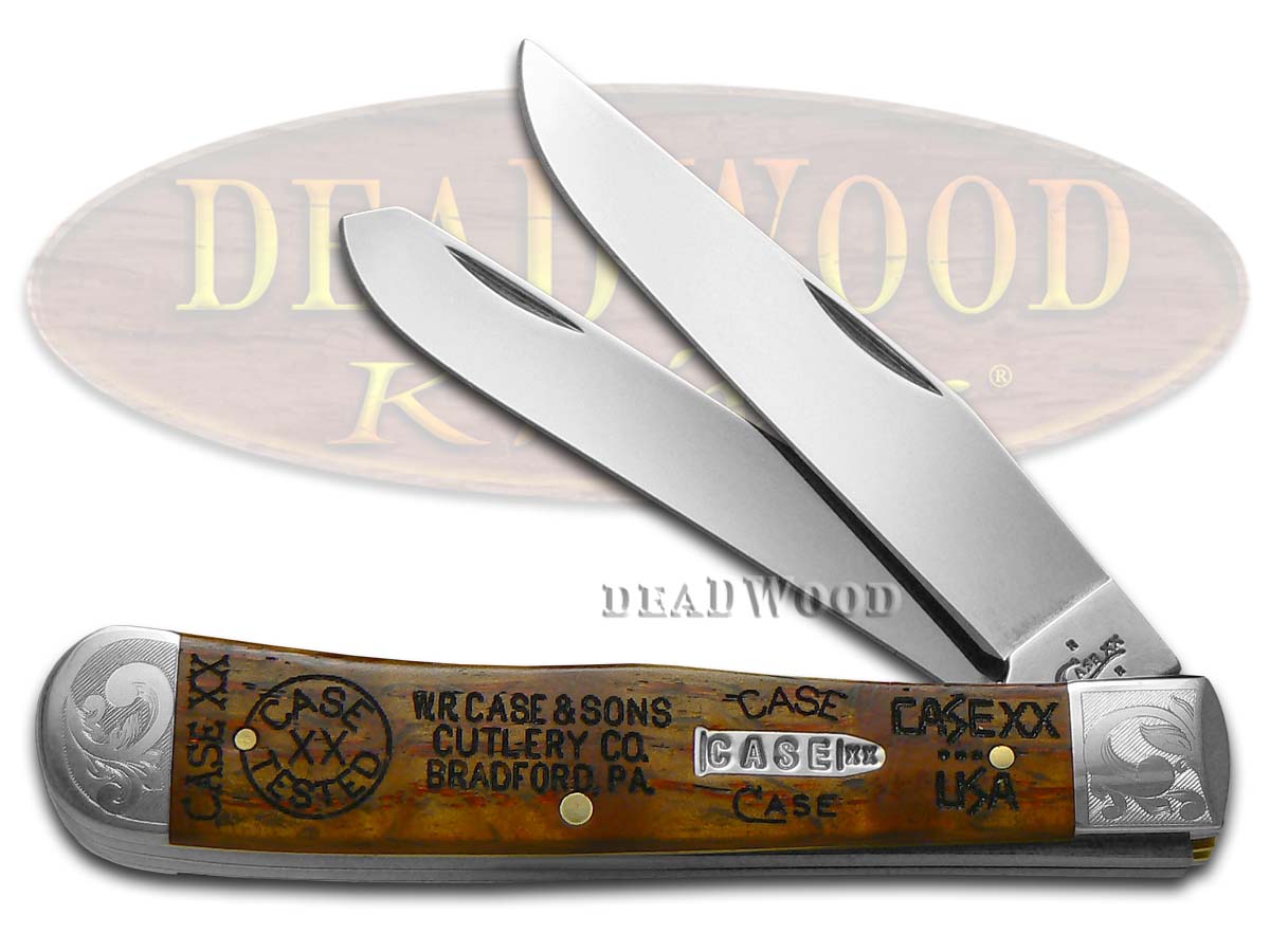 Case XX Tang Stamps Curly Oak Wood Scrolled Trapper Stainless Pocket Knife