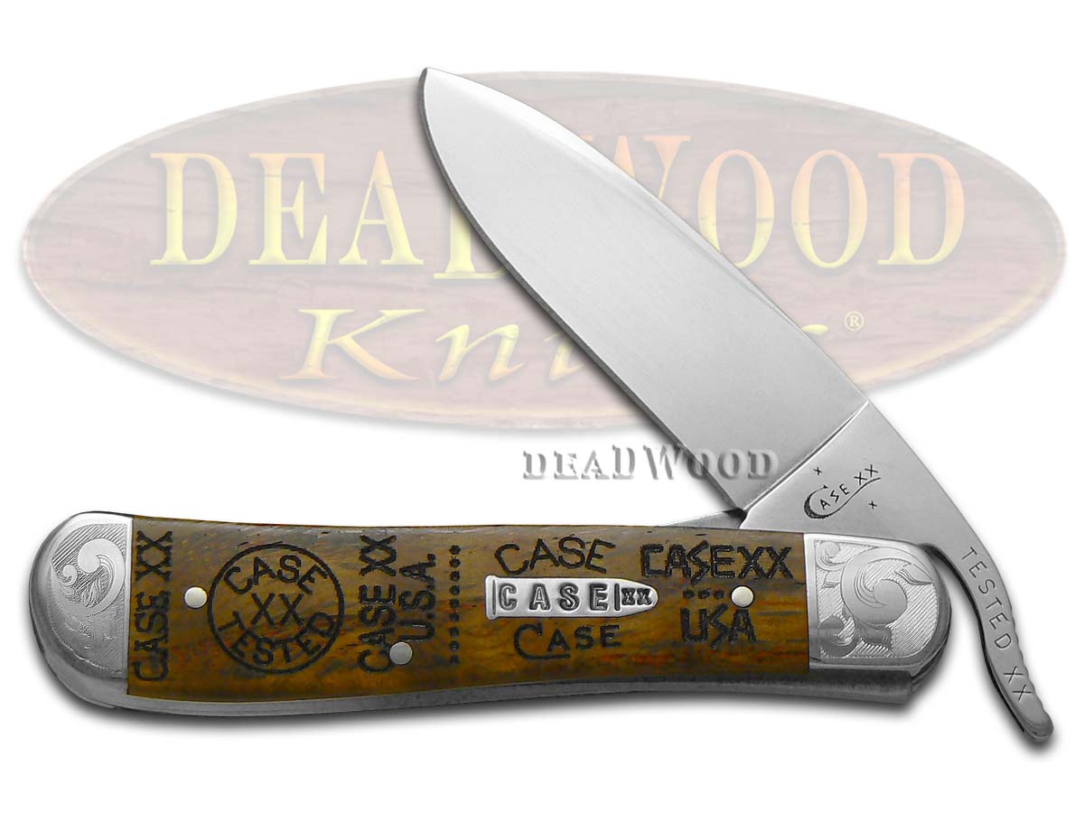 Case XX Tang Stamps Curly Oak Wood Scrolled Russlock Stainless Pocket Knife