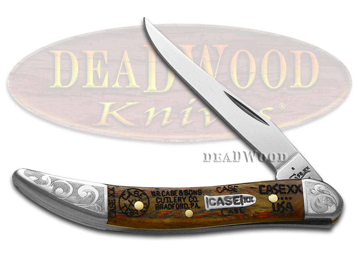 Case XX Tang Stamps Curly Oak Wood Scrolled Toothpick Stainless Pocket Knife