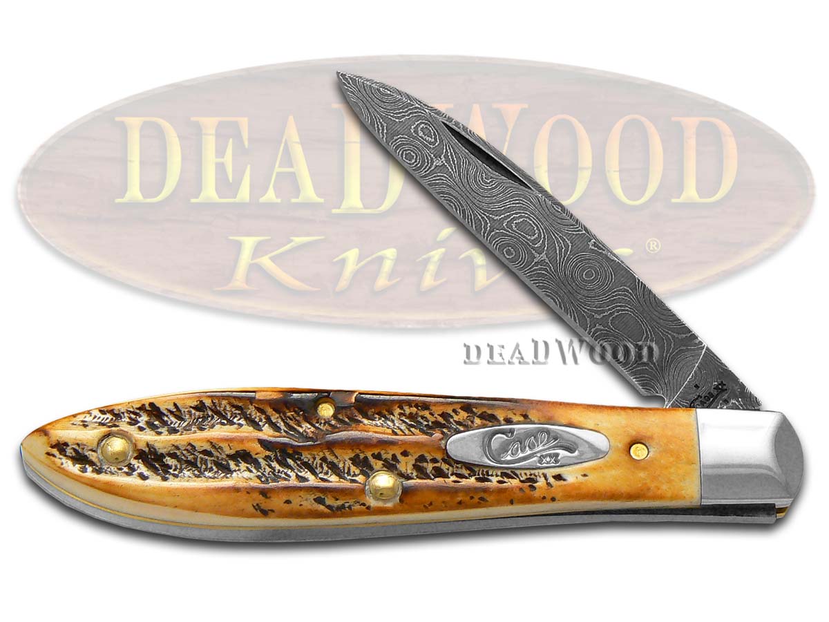 CASE XX 6.5 Bone Stag Damascus Steel Tear Drop Gent Pocket Knife 34805
