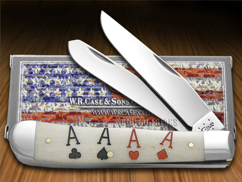 CASE XX Poker Family Aces Natural Bone Trapper Stainless Pocket Knives