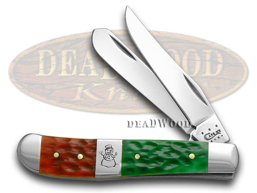 Case xx Red Bright Green Jigged Bone Christmas Mini Trapper Pocket Knife Knives