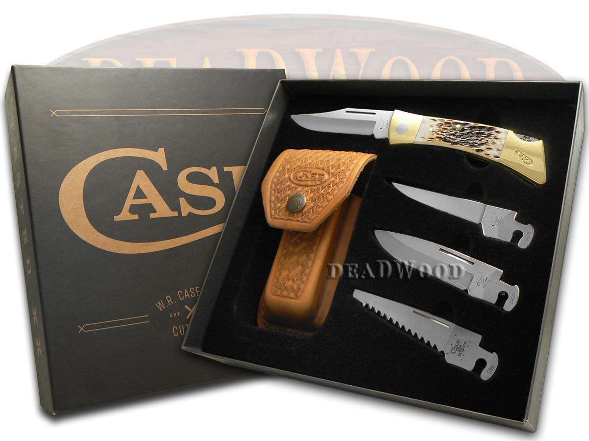 Case xx xxChanger Lockback Knife Gift Set Jigged Amber Bone Stainless