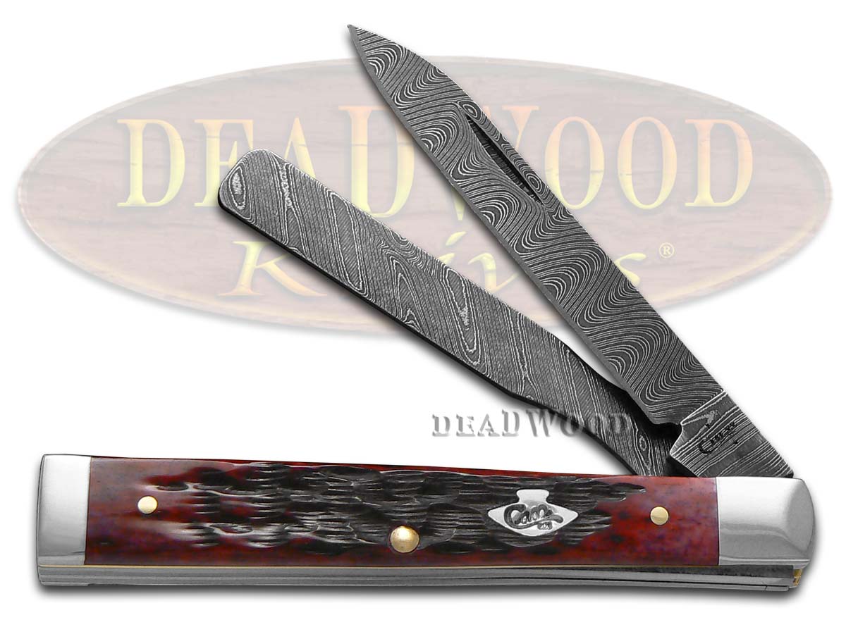 Case xx Damascus Doctor Knife Jigged Crimson Red Bone Pocket Knives