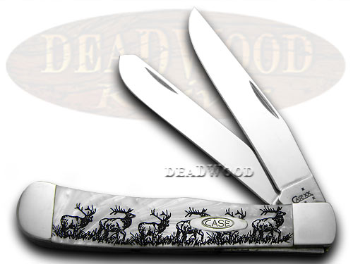 Case XX Elk Walking 1/600 Etched Trapper White Pearl Corelon Pocket Knife