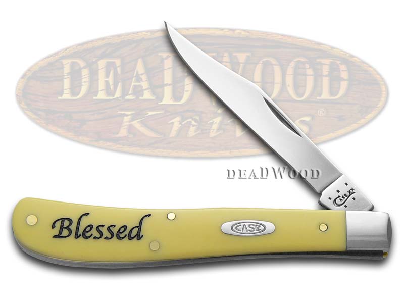 Case XX Blessed Yellow Delrin Slimline Trapper Stainless Pocket Knife