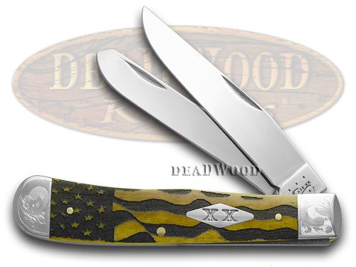 Case XX U.S. Flag Antique Bone Scrolled Trapper Stainless 1/500 Pocket Knife