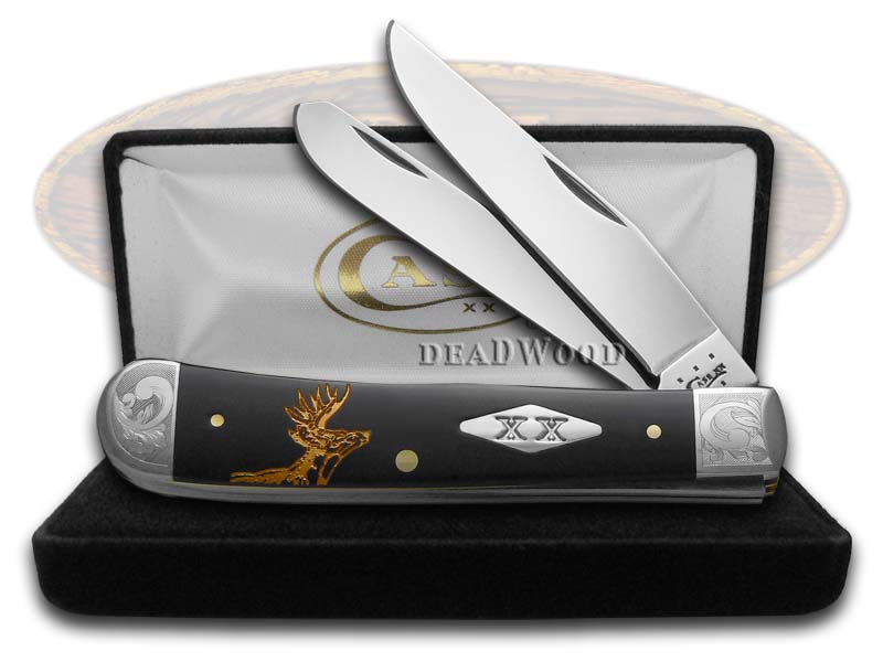 Case xx Trapper Knife Scrolled Golden Deer Scene Black Delrin 1/500