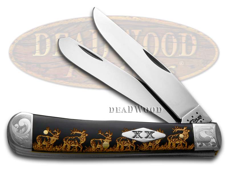Case XX Golden Elk Scene Black Delrin Trapper 1/500 Stainless Pocket Knife