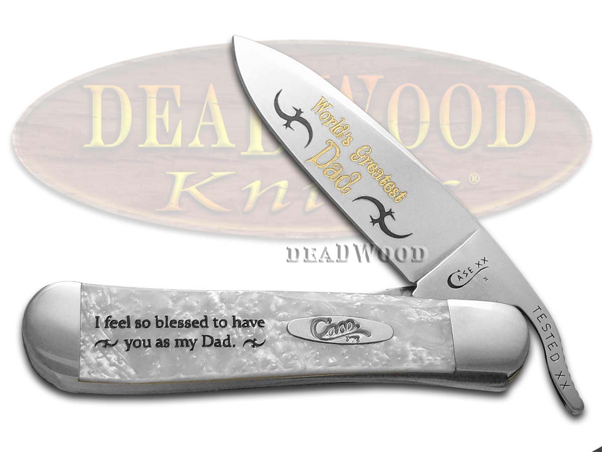 Case XX Worlds Greatest Dad White Pearl Corelon Russlock Stainless Pocket Knife