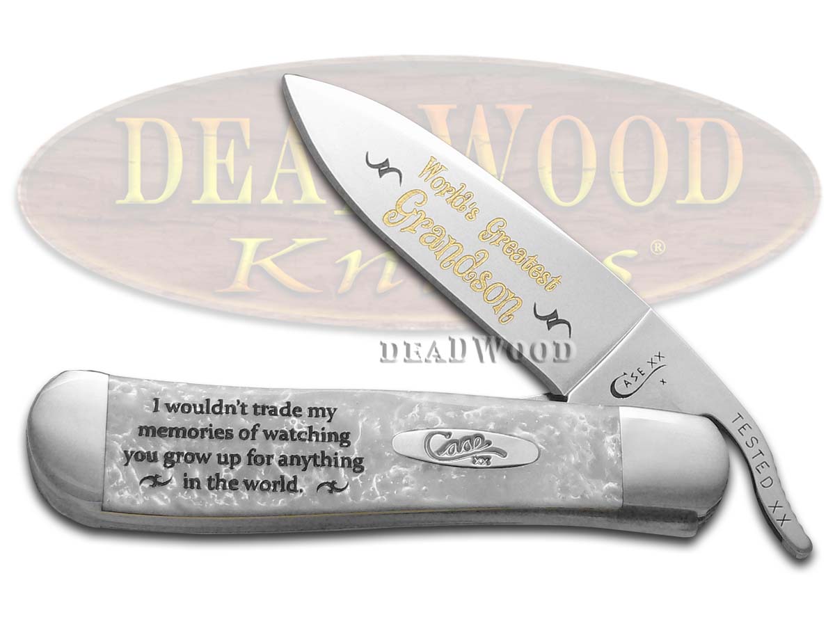 Case xx Worlds Greatest Grandson White Pearl Corelon Russlock Stainless Pocket Knife Knives