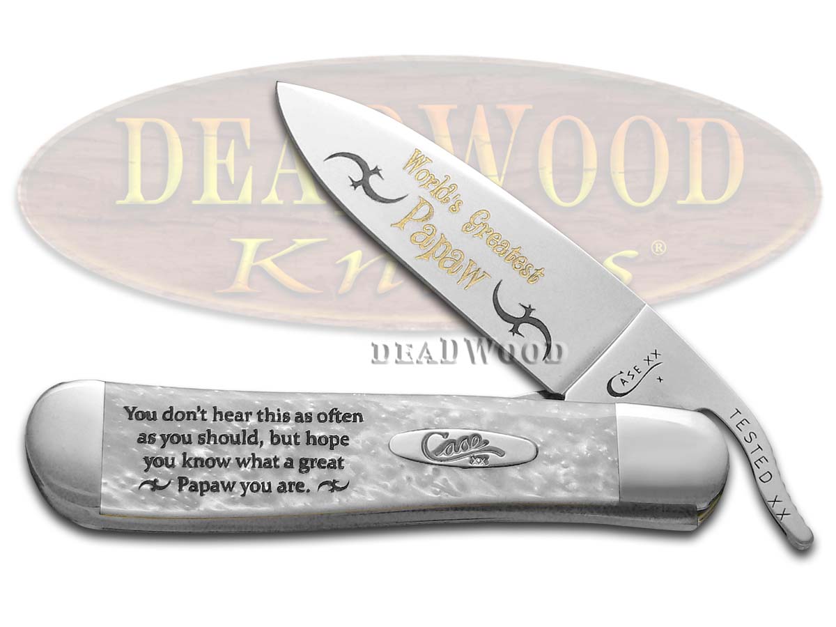 Case XX Worlds Greatest Papaw White Pearl Corelon Russlock Stainless Pocket Knife