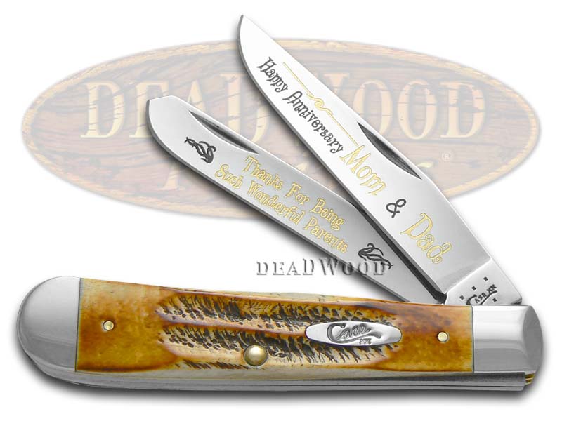 Case xx 6.5 Happy Anniversary Mom & Dad Bone Stag Trapper 1/999 Stainless Pocket Knife Knives