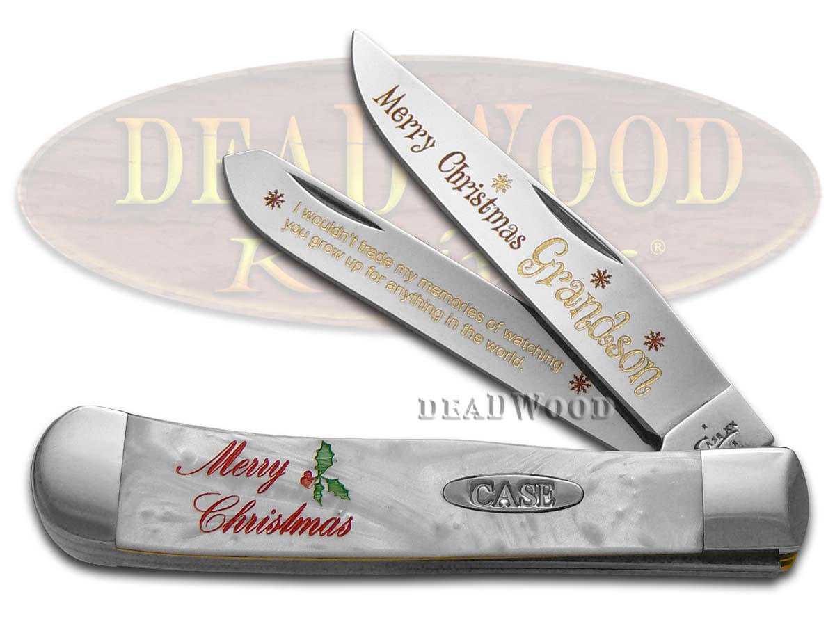 Case XX Merry Christmas Grandson White Pearl Trapper 1/500 Stainless Pocket Knife