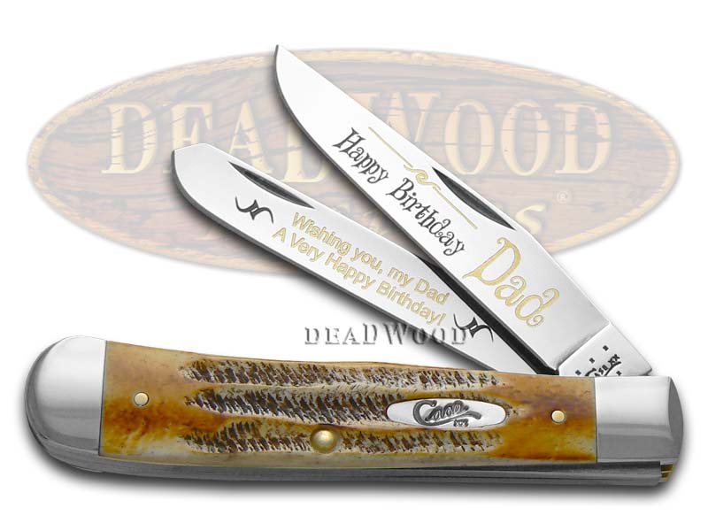 Case xx Happy Birthday Dad 6.5 Bone Stag Trapper 1/999 Stainless Pocket Knife Knives