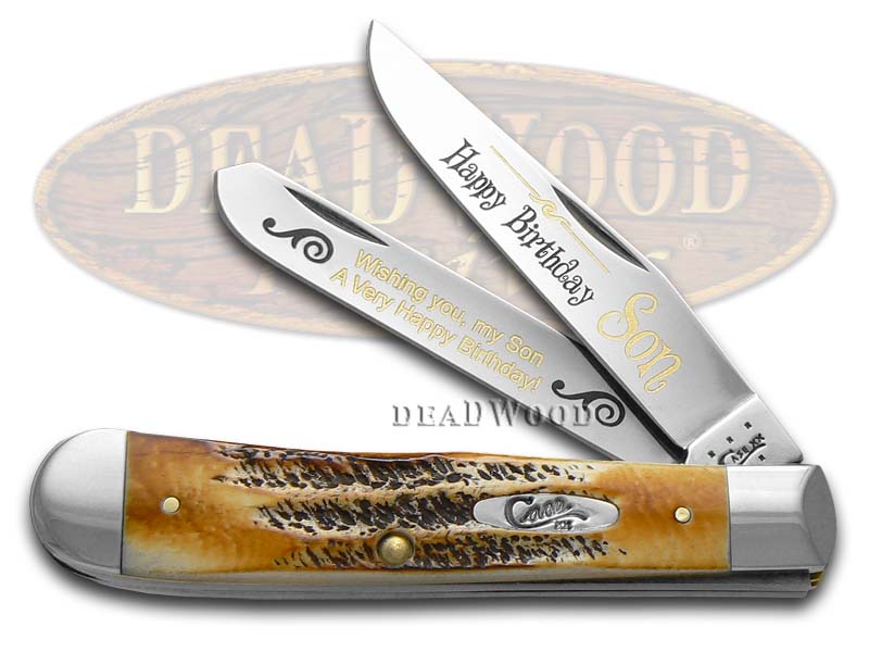 Case xx Happy Birthday Son 6.5 Bone Stag Trapper 1/999 Stainless Pocket Knife Knives