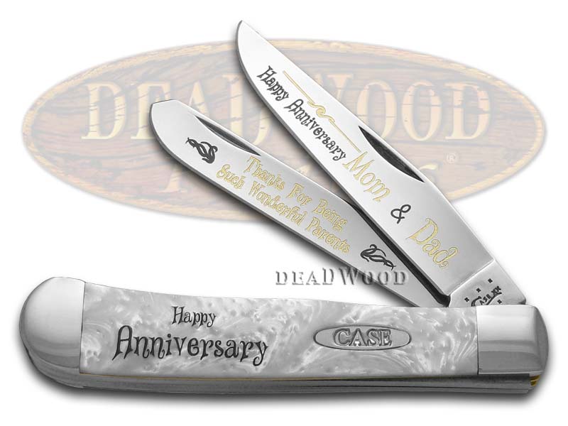 Case XX Happy Anniversary Mom And Dad White Pearl Corelon Trapper 1/999 Stainless Pocket Knife