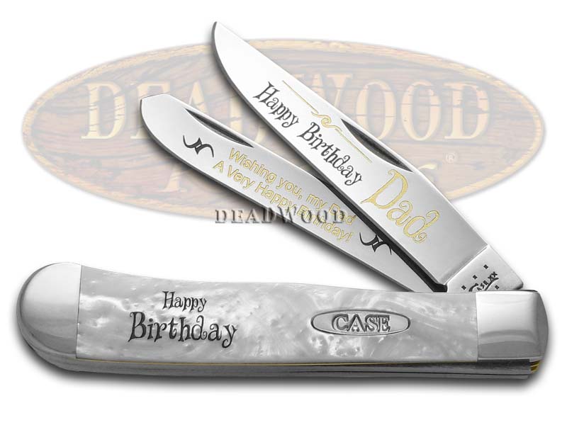 Case XX Happy Birthday Dad Smooth White Pearl Corelon Trapper 1/999 Pocket Knife
