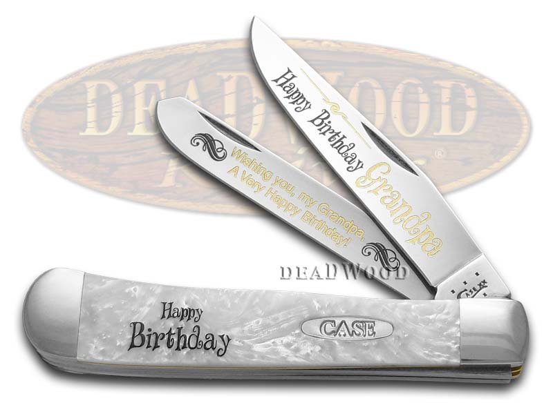 Case xx Happy Birthday Grandpa Smooth White Pearl Corelon Trapper 1/999 Stainless Pocket Knife