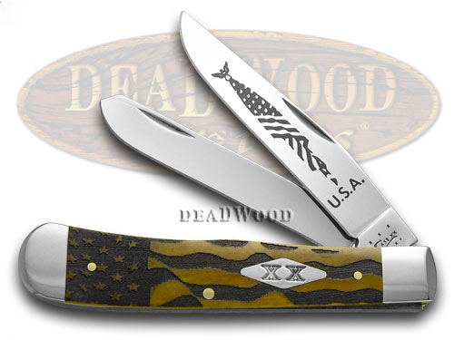 Case XX U.S. Flag Antique Bone Trapper Etched Stainless 1/500 Pocket Knife