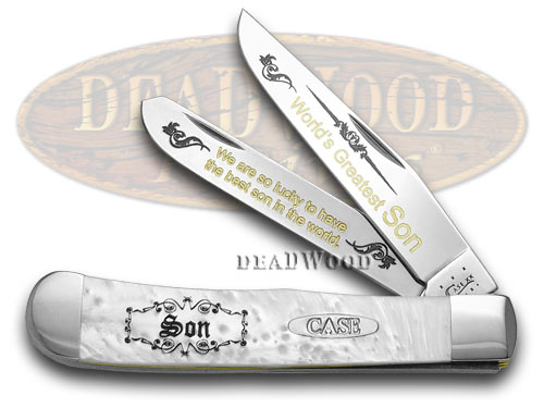 Case xx White Pearl Corelon World's Greatest Son 1/600 Trapper Pocket Knife Knives