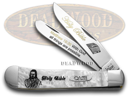 Case xx Holy Bible Matthew 19:26 White Pearl Corelon 1/500 Trapper Pocket Knife Knives