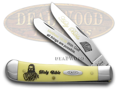 Case xx Holy Bible Matthew 19:26 Yellow Synthetic Trapper 1/500 Pocket Knife Knives