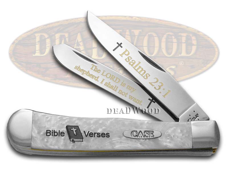 Case XX Holy Bible Psalms 23:1 White Pearl Corelon Trapper 1/500 Stainless Pocket Knife