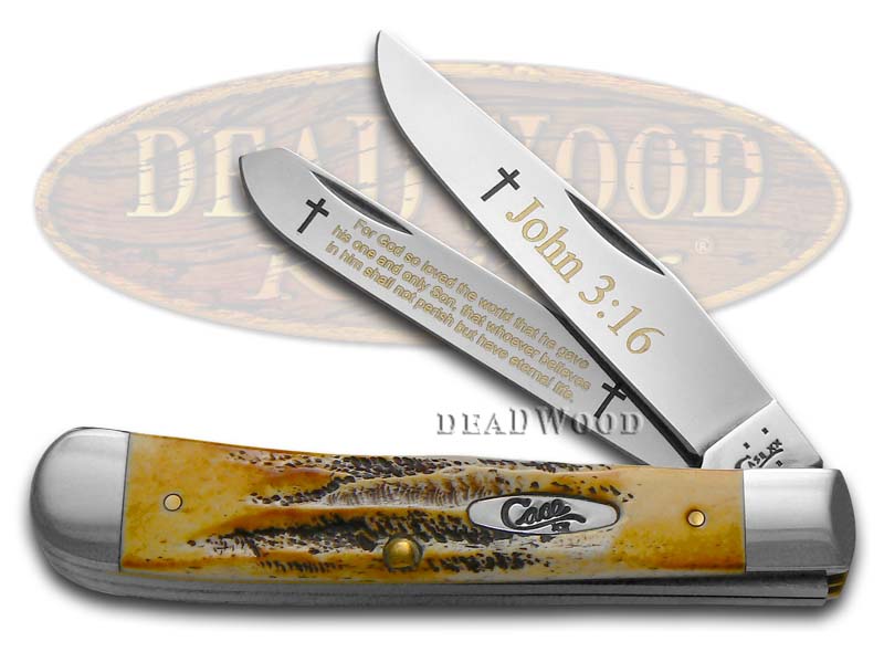 Case XX Holy Bible John 3:16 6.5 Bone Stag Trapper 1/600 Stainless Pocket Knife