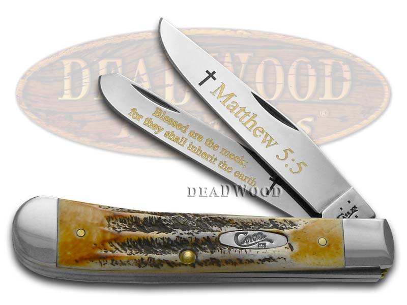 Case xx Holy Bible Matthew 5:5 6.5 Bone Stag Trapper Stainless Pocket Knife Knives
