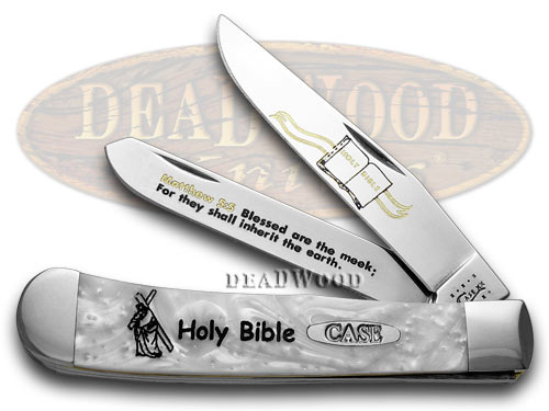 Case XX Collector's Holy Bible Matthew 5:5 White Pearl Trapper Pocket Knife