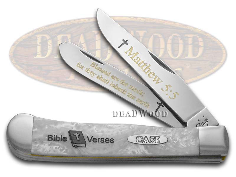 Case XX Holy Bible Matthew 5:5 White Pearl Corelon Trapper 1/500 Stainless Pocket Knife