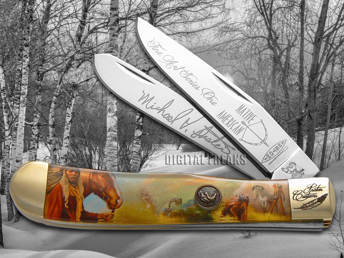 Hen & Rooster Painted Pony Trapper Knife Native American Art